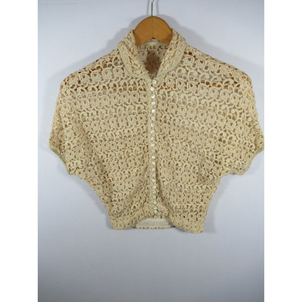 Antique Vintage Crochet Lace Bolero Jacket Cardigan Dolman Sleeve Button Up